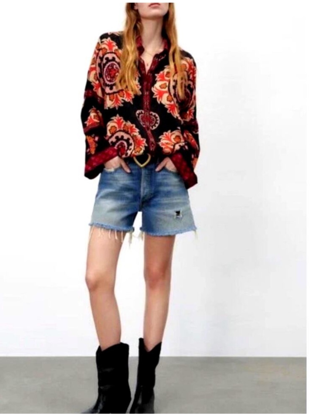 NWOT Zara Boho Black Floral Button-Up Shirt Blouse with Red and Orange Pattern - Picture 2 of 14